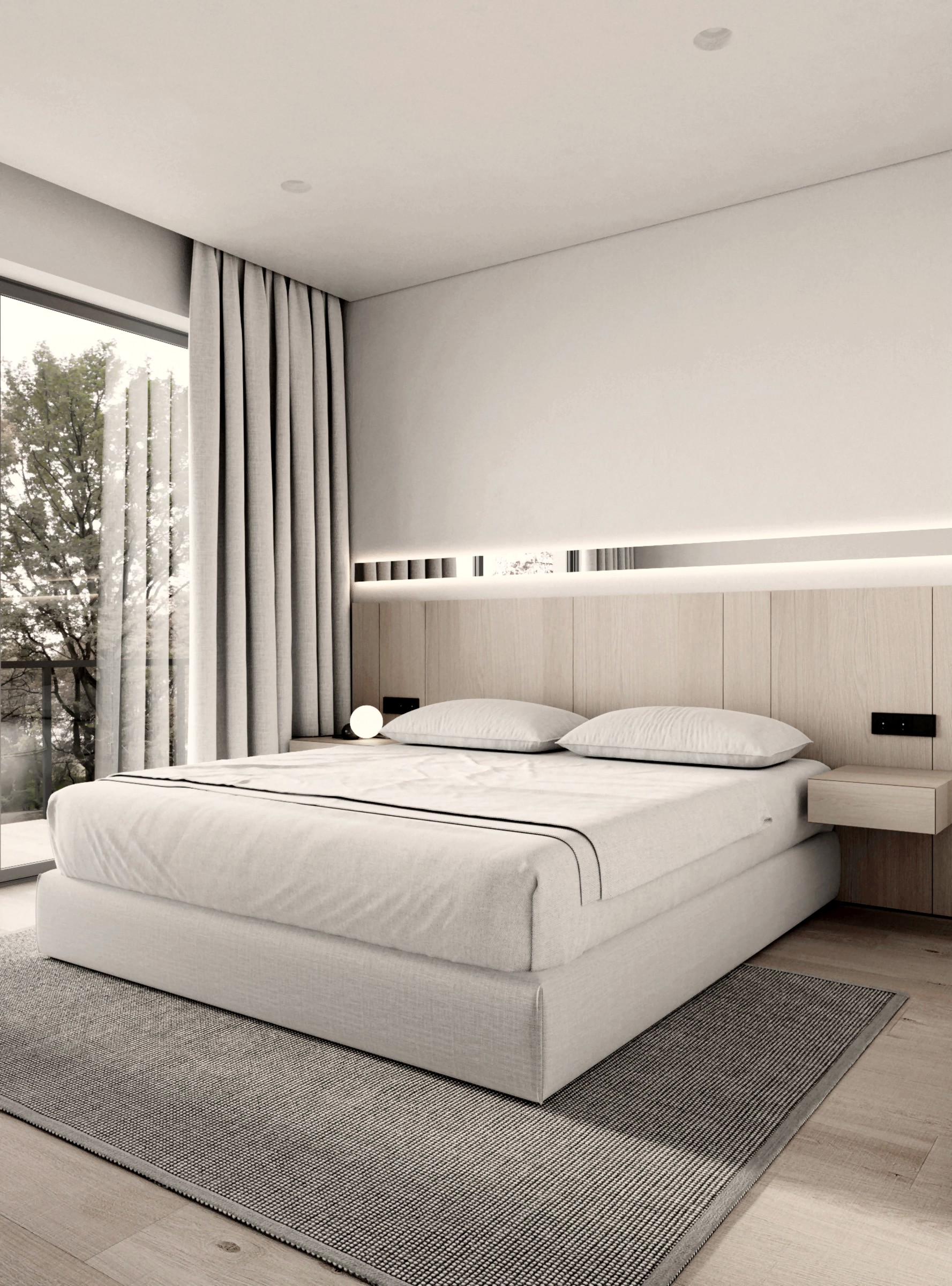 Schlafzimmer mit Fenstern und Bettwäsche in hellen Tönen