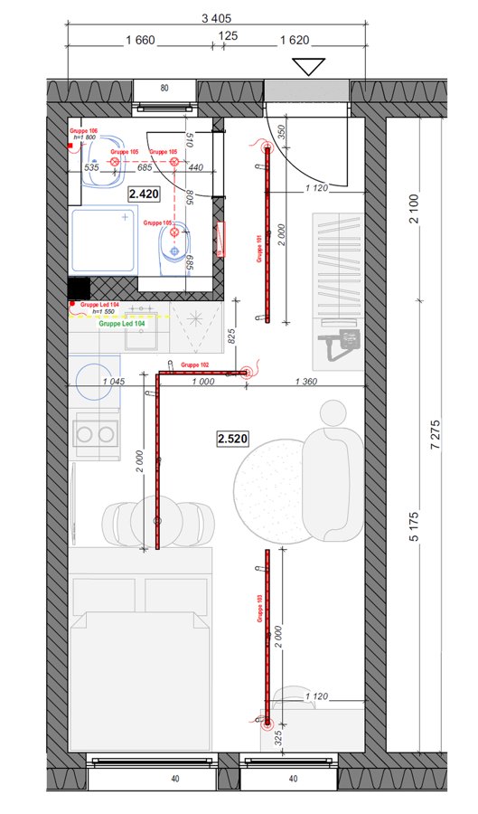 Grundriss einer Wohnung mit Maßen und Möblierung